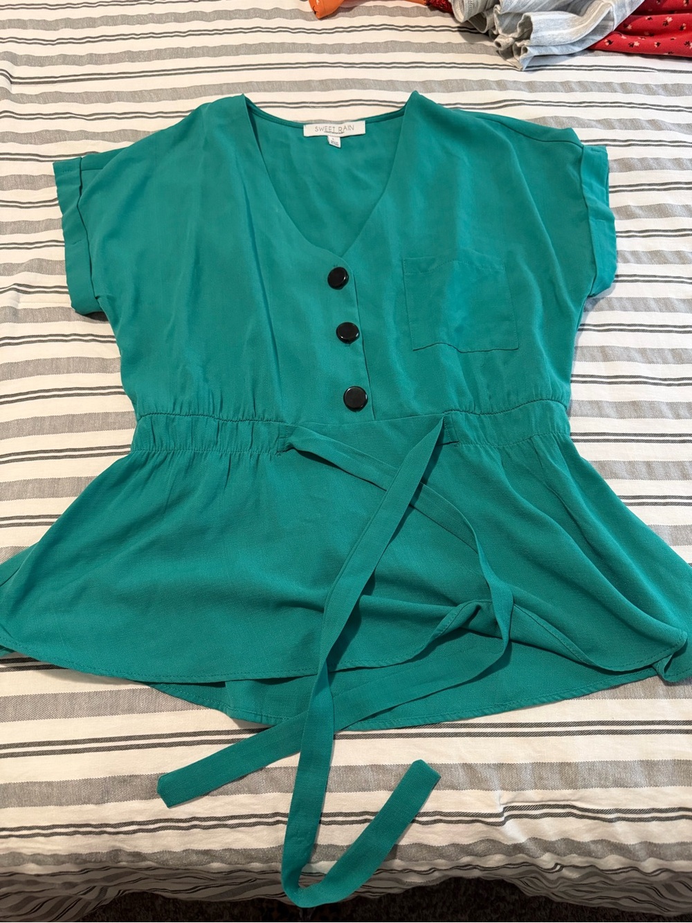 Sweet Rain Teal V-Neck Button Front Waist Tie Blouse Size L